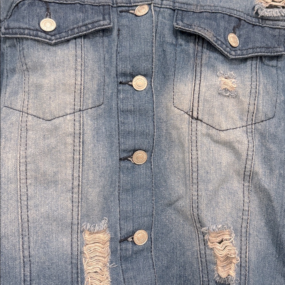 [Thrill Jeans] Distressed Hooded Sweatshirt Button-Up Denim Jacket Women’s Sz M - Picture 4 of 14